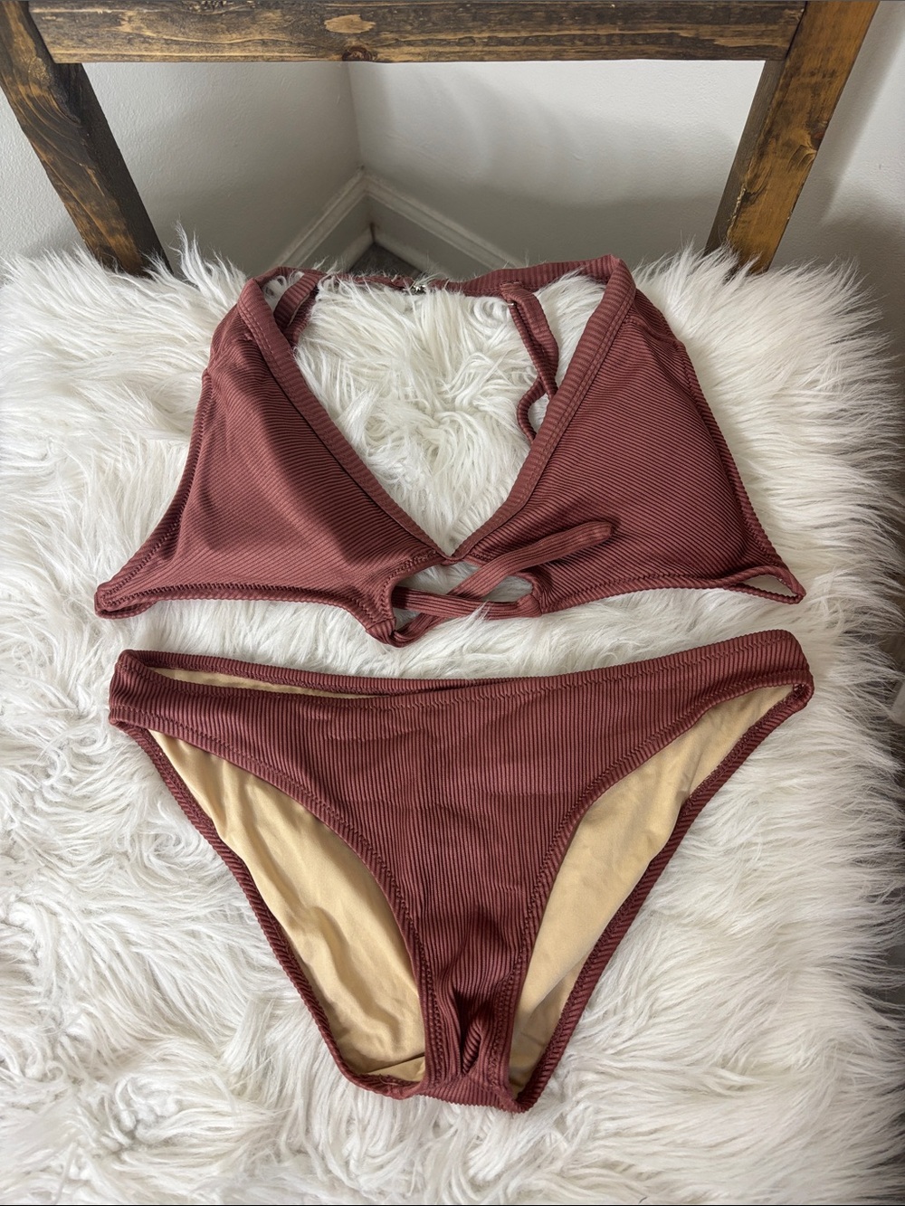 Cupshe Rust Ribbed V-Neck Bikini Set